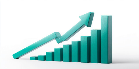 Teal wooden bar graph with upward arrow, showcasing growth and progress concept, ideal for business or financial presentations