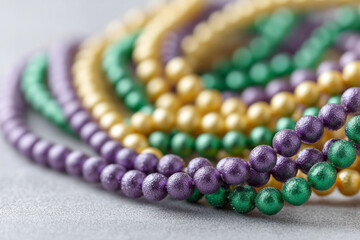 Vibrant strings of purple, gold, and green beads whisper of Mardi Gras revelry and hidden Crescent City celebrations