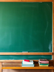 A clean green school chalkboard with books and chalk for education and classroom learning