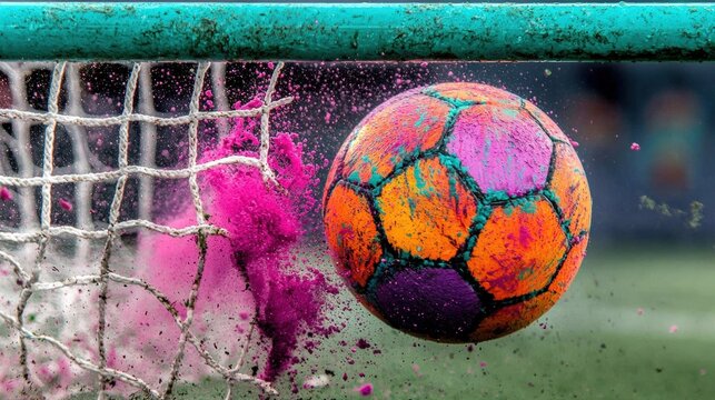 A soccer ball is being kicked into a goal, sending a cloud of pink and purple powder into the air.