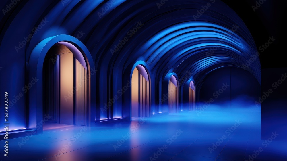 Poster futuristic corridor with glowing arches and mist, creating a mysterious atmosphere