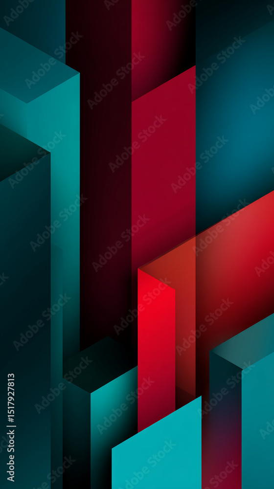 Aufkleber Abstract image of teal, red, and maroon geometric shapes creating depth and contrast, showcasing a modern and dynamic design suitable for various applications