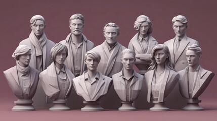 Thirteen unique architectural busts showcase various facial features and hairstyles, representing a blend of modern artistry and traditional sculpture techniques in a minimalist arrangement