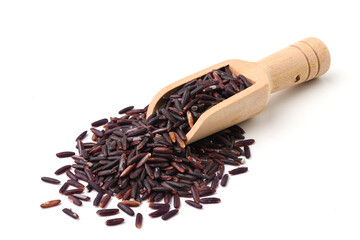 Riceberry grains in wooden scoop on white background. 