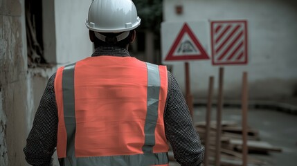 Construction worker in safety gear surveying a demolition site.