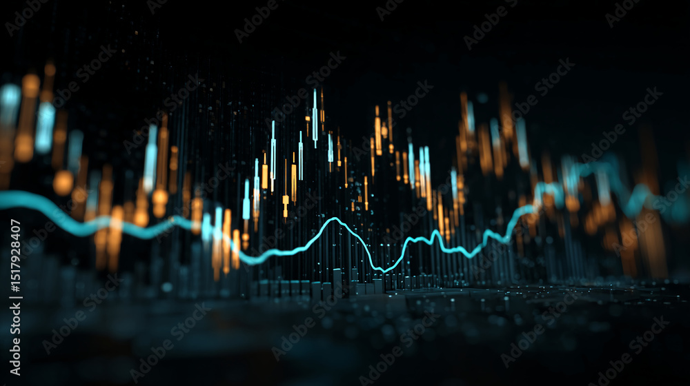 Poster abstract 3d rendering of glowing teal and orange data visualization, depicting dynamic market trends