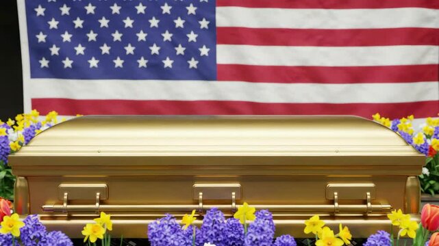 Gold casket with spring flowers funeral arrangement American flag background.  Funeral home service includes beautiful casket decorated with daffodils and hyacinths.  Image for memorial service progra