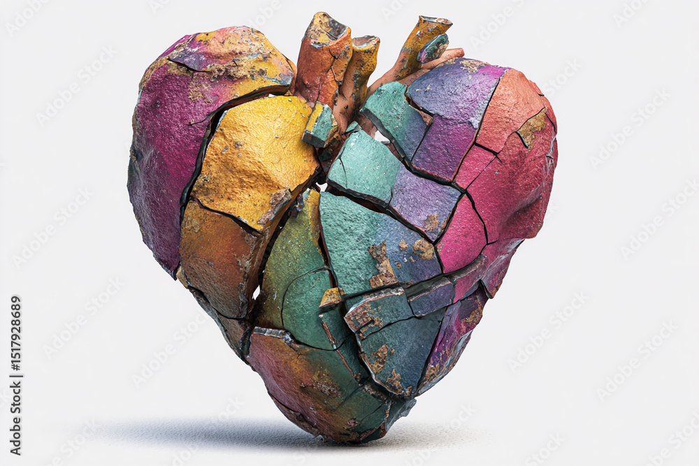 Poster broken heart shaped object, multicolored fragments, textured surface, symbolic of heartbreak or frag