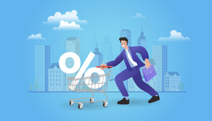 A businessman in a suit is running and pushing a shopping cart with a big percent sign. This concept illustrates a hunt for the best discounts, special offers, and sales in the city.