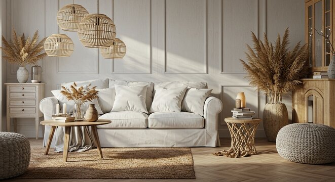 Cozy boho style living room interior design with neutral colors