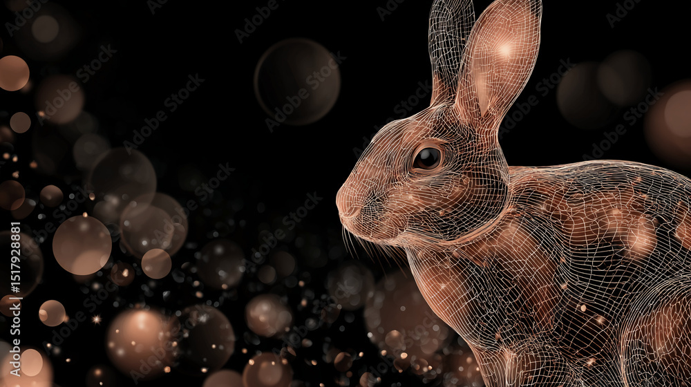 Poster Wireframe rabbit profile against a dark background with bokeh lights, showcasing elegance and modernity, ideal for technology or design concepts