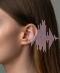 Close-up of a woman's ear alongside a sound wave illustration demonstrating audio perception
