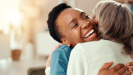 Senior, happy woman or hug with caregiver for healthcare, gratitude or thank you at retirement...