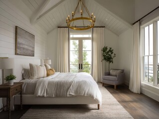 A bright, airy bedroom with large windows.