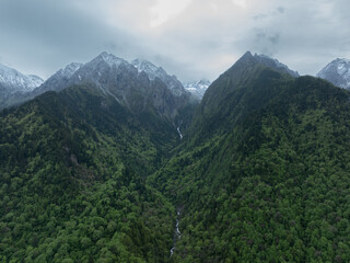 Aerial view of beautiful high altitude snow capped mountain and forest landscape