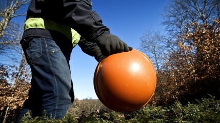 Person carrying an orange hard hat outdoors.