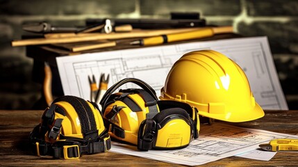 Construction safety equipment displayed on blueprints.