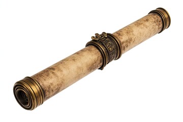 Antique scroll, rolled parchment document with ornate brass bands