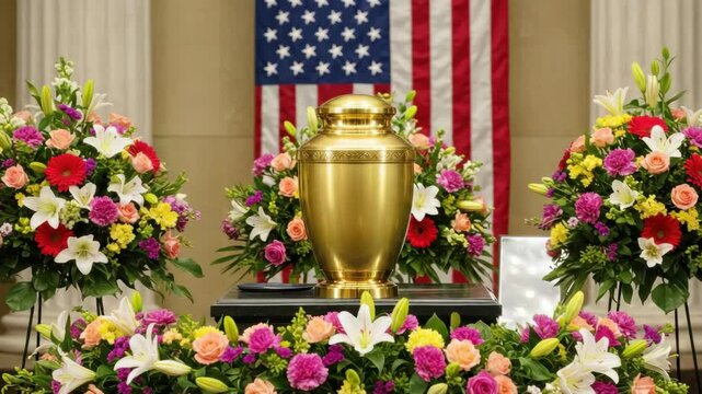 Gold urn surrounded by colorful flowers and American flag. Funeral arrangement includes lilies roses and other blooms. Elegant funeral concept for memorial service program design