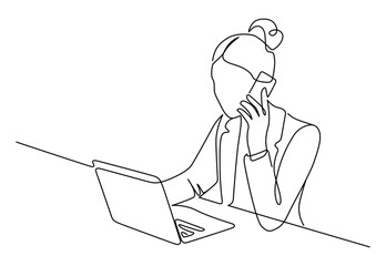 Faceless portrait of woman on phone line drawing. Hand-drawn freelancer, saleswoman or customer service line art. Hand drawn vector illustration with editable stroke. Isolated on transparent backgroun