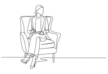 Woman sitting on armchair line drawing. Hand-drawn therapy session or contest judge line art. Hand drawn vector illustration with editable stroke. Isolated on transparent background.