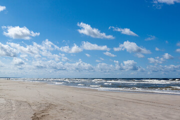 Gray sand beach of Curonian spit on a sunny summer day. Beautiful view of Baltic Sea coast in the...