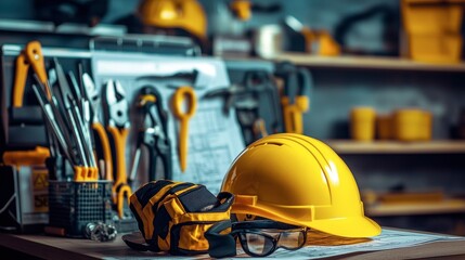 Fototapeta premium Workshop tools and safety equipment on a workbench.
