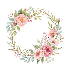 Watercolor floral wreath with pink roses, beautifully hand painted on white background, ideal for romantic greeting cards, invitations, and botanical wedding decor