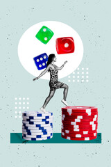 Vertical contemporary photo collage of happy girl poker player run chip stack dice roulette party winning entertainment addiction