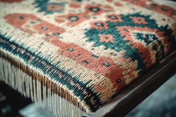 Close-up of a richly patterned woven textile, possibly a rug or cushion cover, showcasing intricate details and vibrant colors.