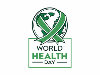 Global World Health Day Awareness Ribbon Logo ,A vibrant logo celebrating World Health Day, featuring a stylized Earth with a green and yellow awareness ribbon.