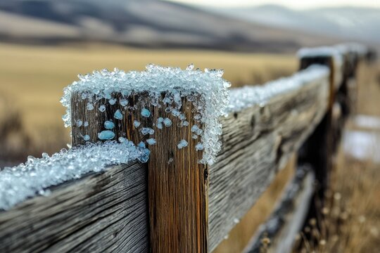Ice crystals clinging to a rustic wooden fence post in a rural landscape.