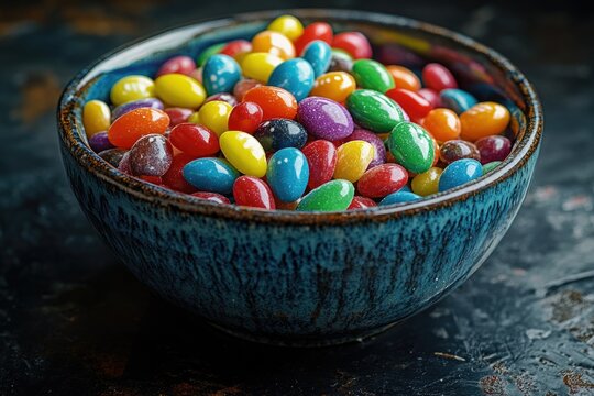 A blue bowl filled with colorful candy, oval-shaped sweets in various vibrant hues.