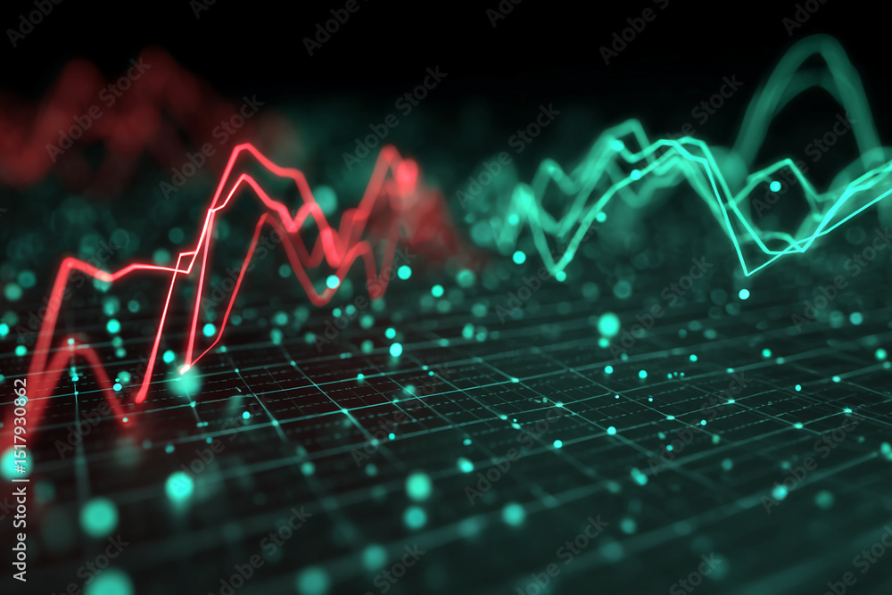 Poster abstract image of red and teal glowing lines forming dynamic graphs on a dark grid background, symbo