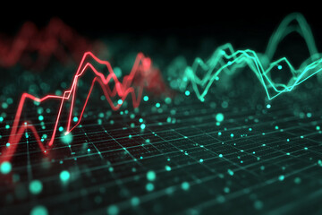 Abstract image of red and teal glowing lines forming dynamic graphs on a dark grid background, symbolizing market trends, data analysis, or technological progress
