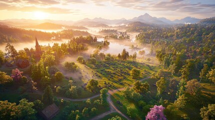 Misty valley landscape at sunrise, serene mountain view.