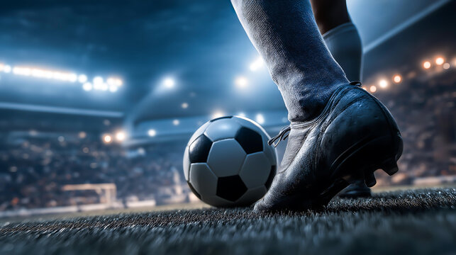 Fototapeta Close up feet of soccer player tread on soccer ball for kick off in the stadium on background. Foot kicking soccer ball, Sport, Achievements, Success concept
