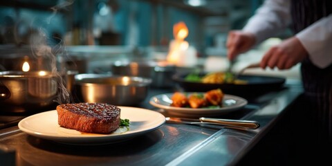 Expert Chef Preparing Gourmet Steak in Busy Restaurant Kitchen During Dinner Service