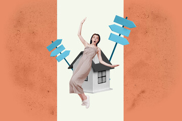 Composite trendy magazine photo collage of happy girl guy stand road sign pointer hose relocation...