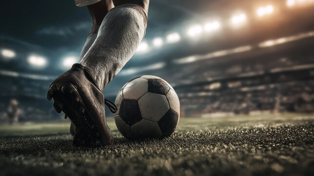 Close up feet of soccer player tread on soccer ball for kick off in the stadium on background. Foot kicking soccer ball, Sport, Achievements, Success concept - Powered by Adobe