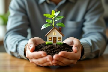Hands Holding Small House with Growing Plant