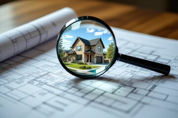House Blueprint with Magnifying Glass Showing House