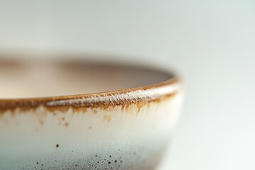 Close-up of a ceramic bowl's rim, showcasing its unique brown and white glaze.