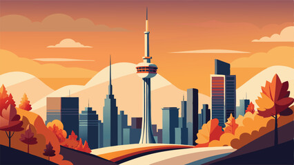 Toronto skyline illustration cityscape autumn season art