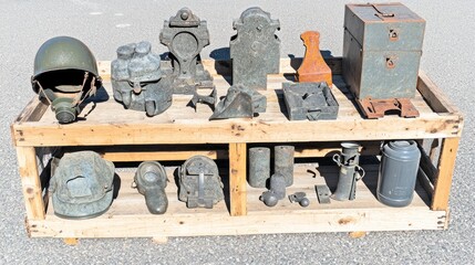 Assorted metal components and equipment on a wooden crate.