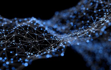 Dynamic blue glowing dot-line network in low-poly abstract digital scene. Dark tech vector background with geometric patterns, futuristic data visualization concept for UI design.