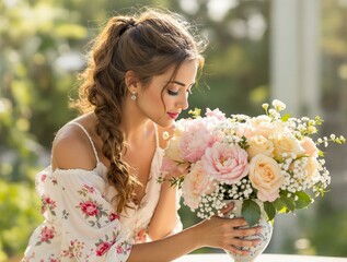 Jeune femme avec un bouquet de fleurs