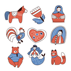 Set of stickers with folk symbols on white background. Matryoshka, bear, horse, mermaid, cat, heart, princess. Flat vector illustration.