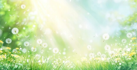Obraz premium Spring sunbeams through dappled green foliage with dandelions