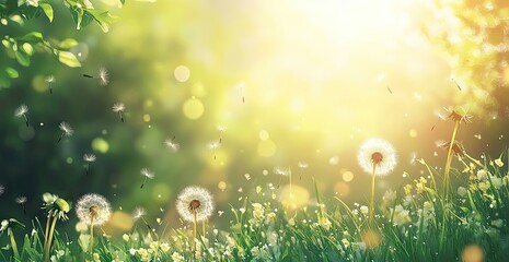 Obraz premium Springtime meadow, dandelion seeds, sunlight
